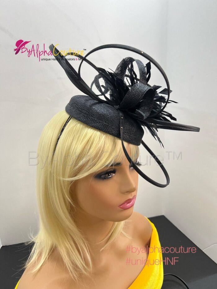 Diana - Black Pillbox Hat Fascinator.  Satin Loops, Feather Mount, Swarovski Crystals.