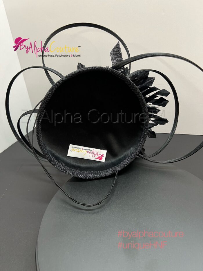 Diana - Black Pillbox Hat Fascinator.  Satin Loops, Feather Mount, Swarovski Crystals.