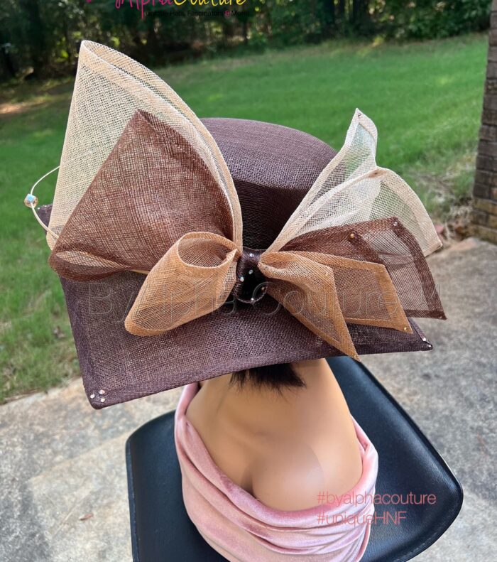 Sinamay Square Brim Hatinator – Chocolate Brown, Pearl Quill