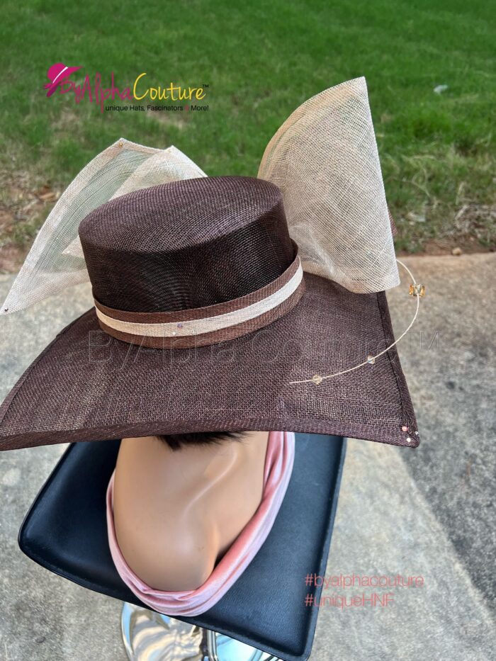 Sinamay Square Brim Hatinator – Chocolate Brown, Pearl Quill