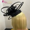 Diana - Black Pillbox Hat Fascinator.  Satin Loops, Feather Mount, Swarovski Crystals.