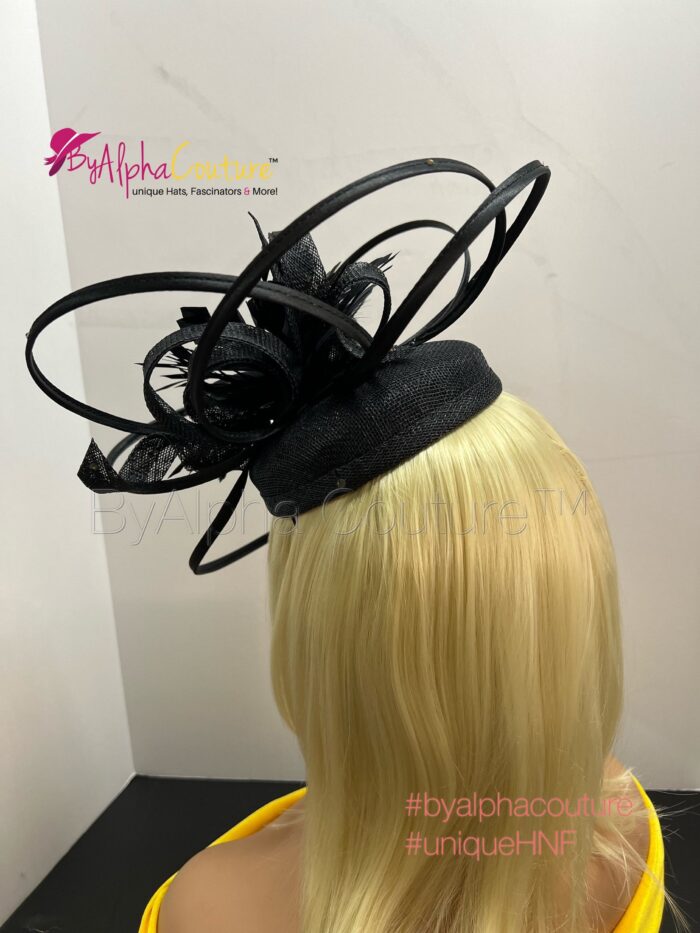 Diana - Black Pillbox Hat Fascinator.  Satin Loops, Feather Mount, Swarovski Crystals.