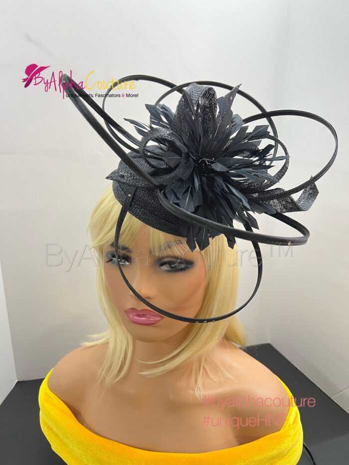 Diana - Black Pillbox Hat Fascinator.  Satin Loops, Feather Mount, Swarovski Crystals.