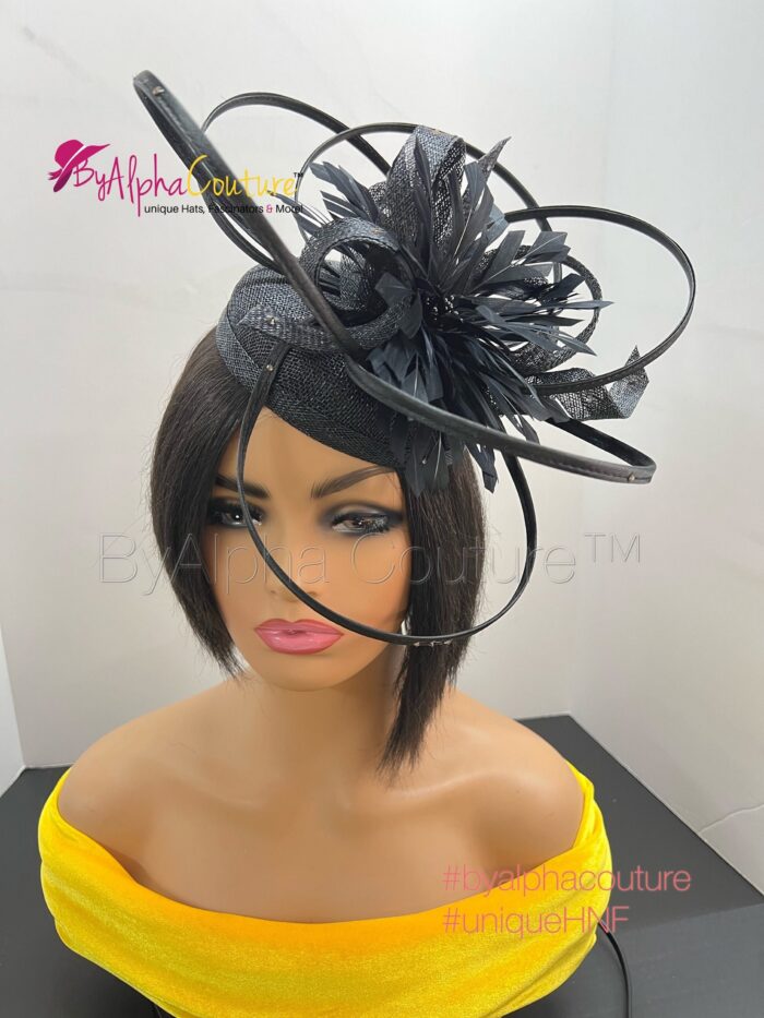 Diana - Black Pillbox Hat Fascinator.  Satin Loops, Feather Mount, Swarovski Crystals.
