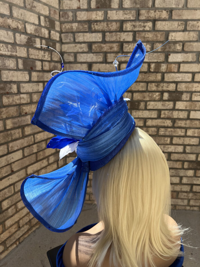 Jada - Blue Abaca Fascinator. Hand-Sculpted Silk Headpiece with Swarovski Crystals.