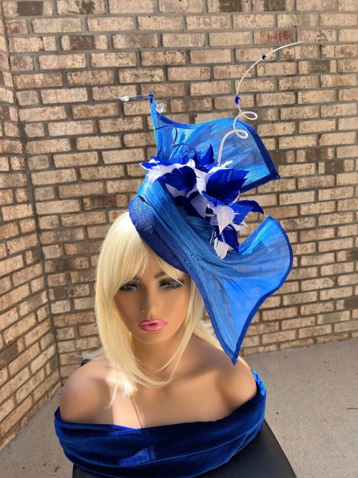 Jada - Blue Abaca Fascinator. Hand-Sculpted Silk Headpiece with Swarovski Crystals.