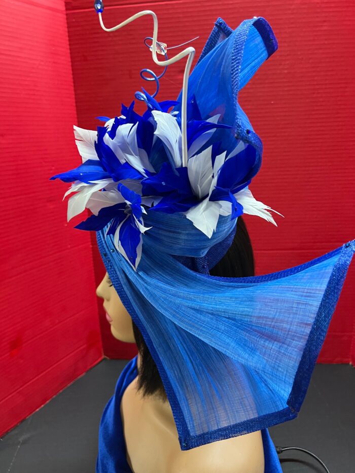 Jada - Blue Abaca Fascinator. Hand-Sculpted Silk Headpiece with Swarovski Crystals.