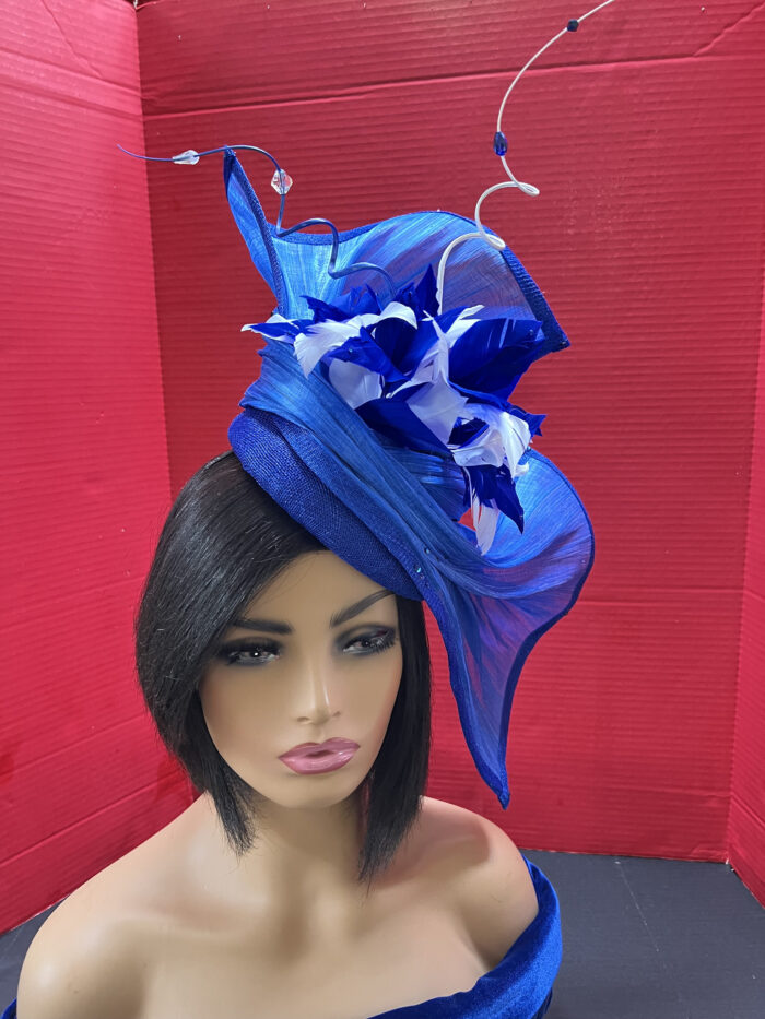 Jada - Blue Abaca Fascinator. Hand-Sculpted Silk Headpiece with Swarovski Crystals.