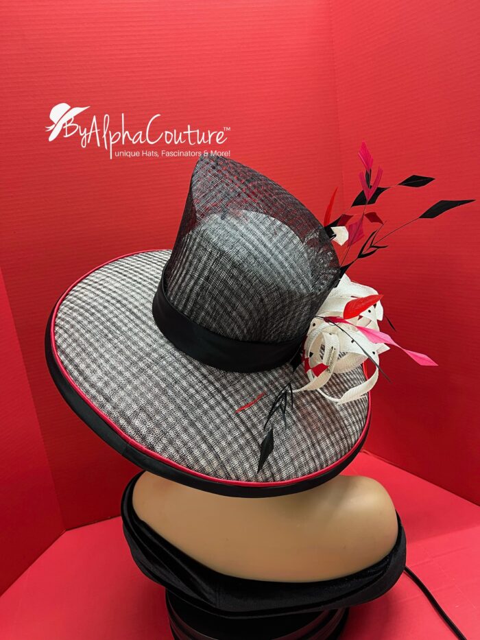 The Sovereign - Couture Double Crown Hat: Black, White Sinamay, Crystal & Feather Accents.