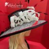 The Sovereign - Couture Double Crown Hat: Black, White Sinamay, Crystal & Feather Accents.
