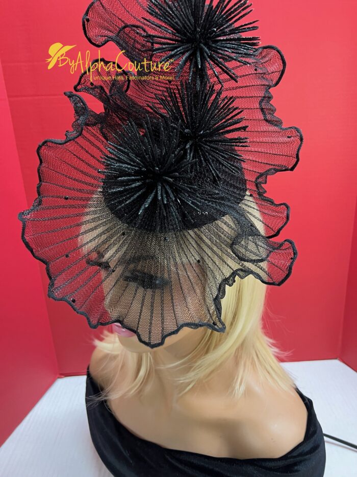 Midnight Whisper Black Crinoline Fascinator: Lace & Swarovski Crystal Couture Headpiece
