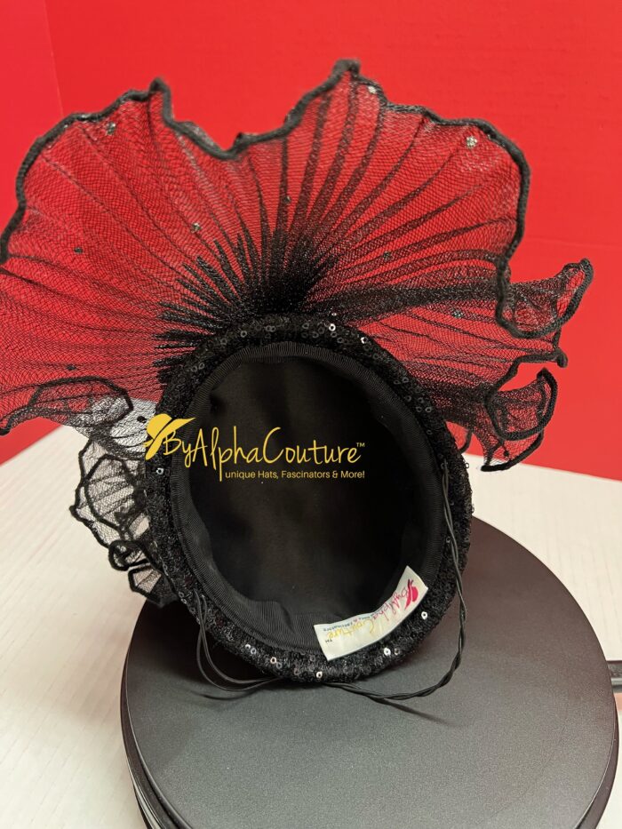 Midnight Whisper Black Crinoline Fascinator: Lace & Swarovski Crystal Couture Headpiece