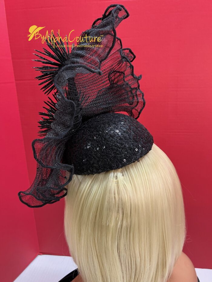 Midnight Whisper Black Crinoline Fascinator: Lace & Swarovski Crystal Couture Headpiece