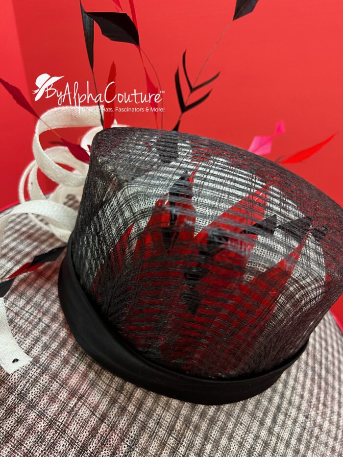 The Sovereign - Couture Double Crown Hat: Black, White Sinamay, Crystal & Feather Accents.