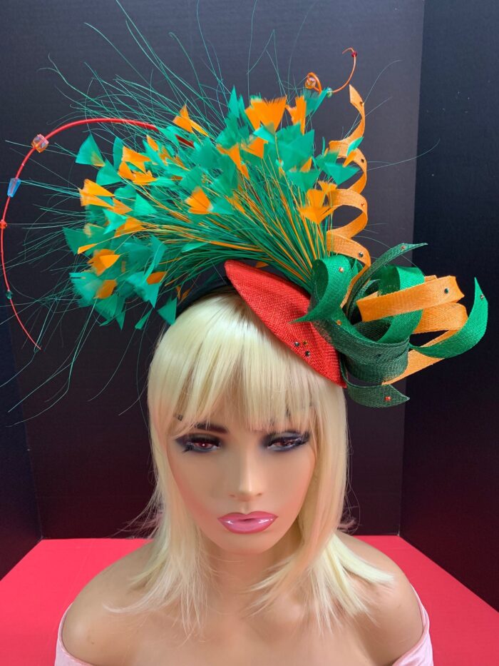 Jackie - Orange & Green Sinamay Fascinator: Handmade Statement Headpiece
