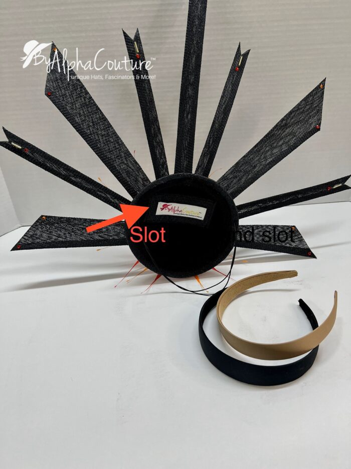 il_fullxfull.4745087632_rfi5 Solar Flare. Black Sinamay Fascinator Orange-Yellow Feather Headpiece - Races, Wedding.