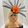 il_fullxfull.4745093582_f5mf Solar Flare. Black Sinamay Fascinator Orange-Yellow Feather Headpiece - Races, Wedding.