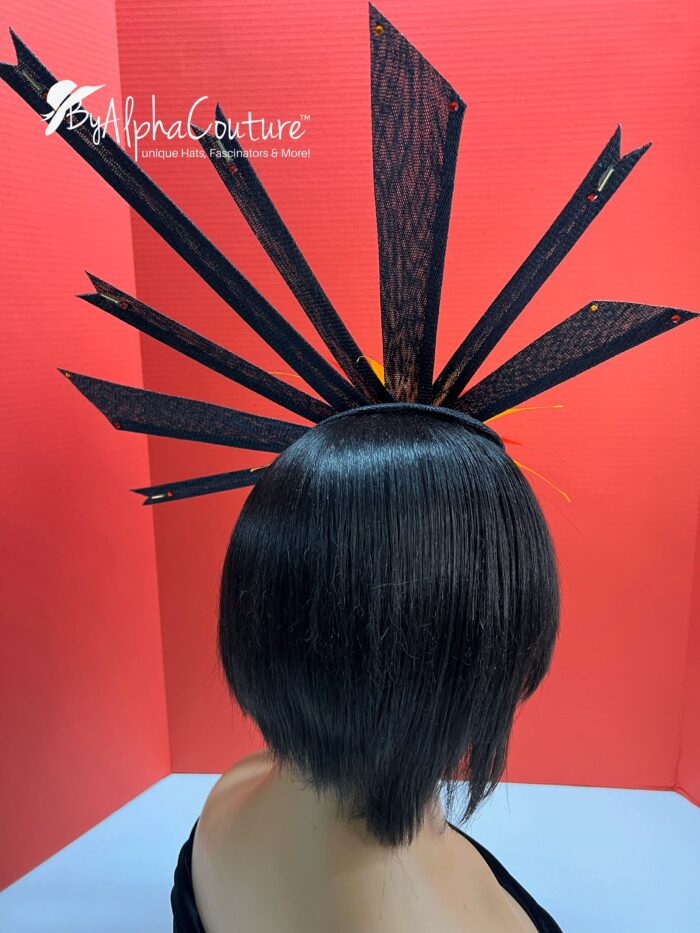 il_fullxfull.4793343415_byvt Solar Flare. Black Sinamay Fascinator Orange-Yellow Feather Headpiece - Races, Wedding.
