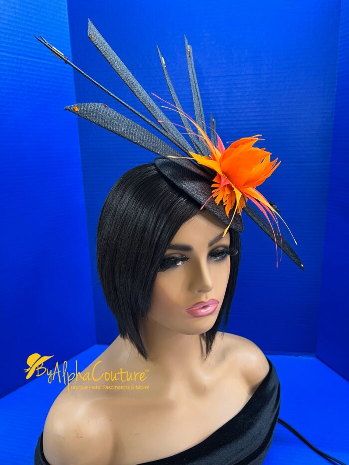 il_fullxfull.4798009589_d31k Solar Flare. Black Sinamay Fascinator Orange-Yellow Feather Headpiece - Races, Wedding.