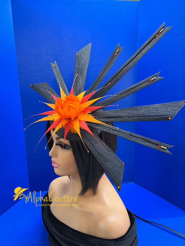 il_fullxfull.4798010123_mtk8 Solar Flare. Black Sinamay Fascinator Orange-Yellow Feather Headpiece - Races, Wedding.