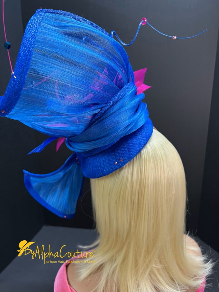 Sculptural Abaca Silk Fascinator: UK Blue & Fuchsia Statement Hat - Cassie