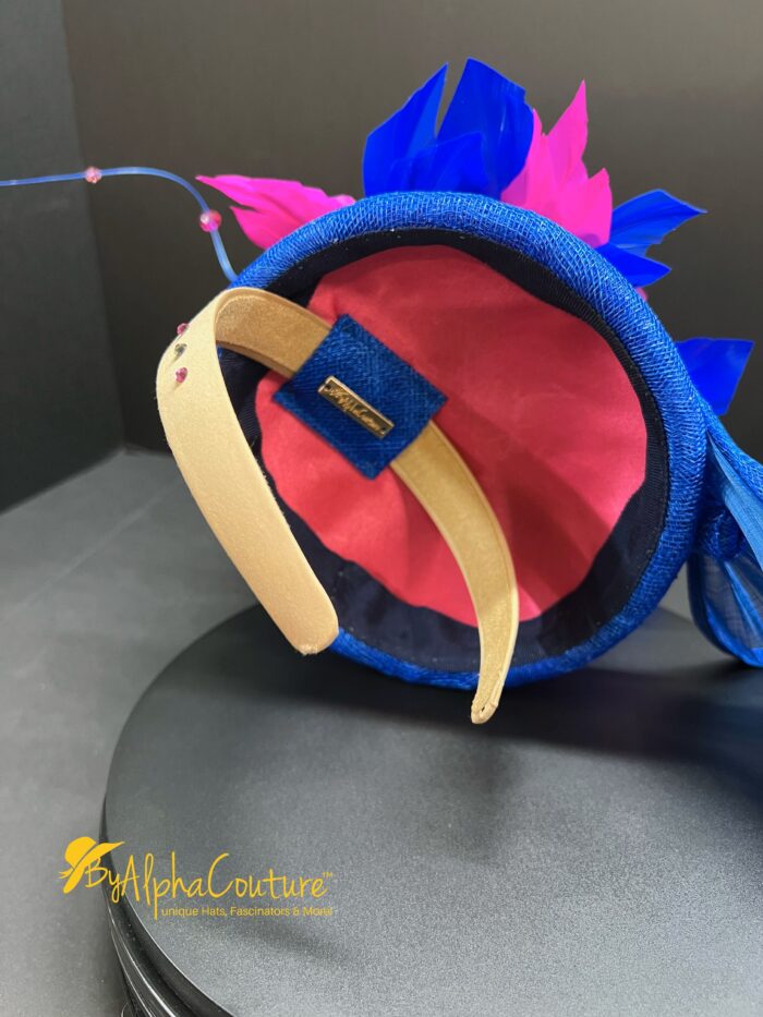 Sculptural Abaca Silk Fascinator: UK Blue & Fuchsia Statement Hat - Cassie