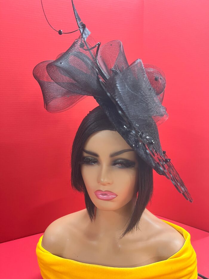 il_fullxfull.5188542420_hxcy Vondee - Black Couture Hatinator. Laser-Cut Acrylic Brim, Crinoline Bow.