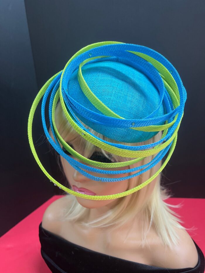 il_fullxfull.5355744352_8v4s Akoele Blue Sinamay Fascinator Hat: Lemon Green Swirl Derby, Cocktail, Tea Party