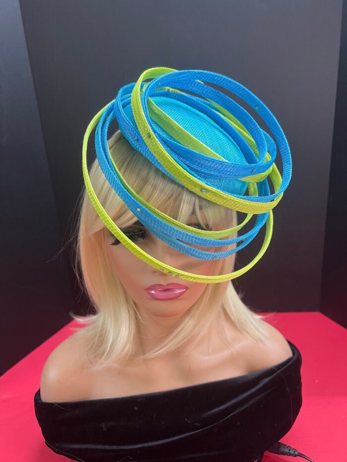 il_fullxfull.5355752844_8a9j Akoele Blue Sinamay Fascinator Hat: Lemon Green Swirl Derby, Cocktail, Tea Party