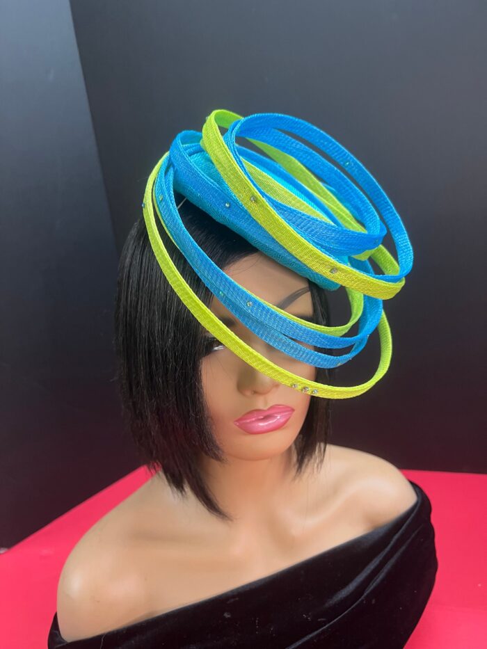 il_fullxfull.5403909969_nsmn Akoele Blue Sinamay Fascinator Hat: Lemon Green Swirl Derby, Cocktail, Tea Party