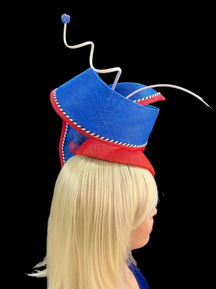 Sculptural Red & Blue Fascinator: Derby Tea Party Hat - Alice