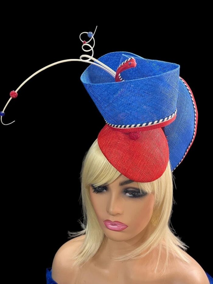 Sculptural Red & Blue Fascinator: Derby Tea Party Hat - Alice