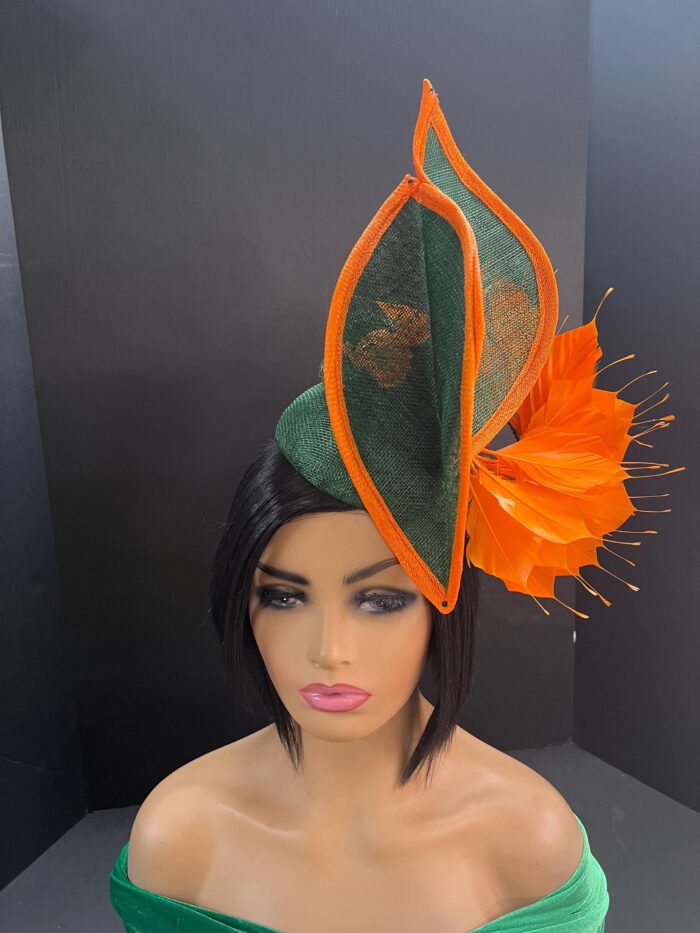 il_fullxfull.6225459792_hgp2 Green & Orange Sinamay Fascinator: Swarovski Crystal Ascot Hat - Tracie