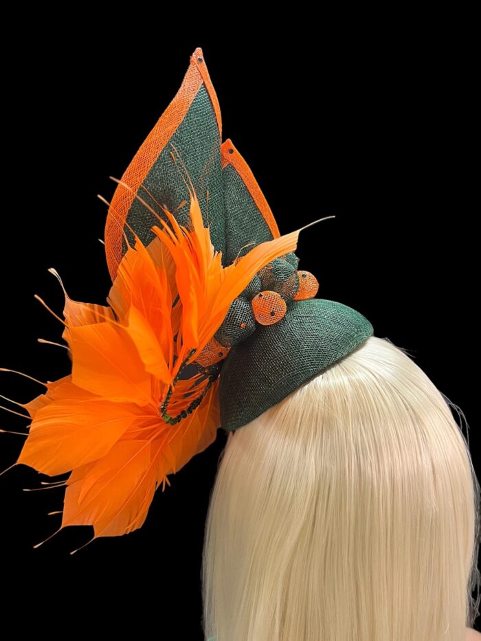 il_fullxfull.6273484127_jptm Green & Orange Sinamay Fascinator: Swarovski Crystal Ascot Hat - Tracie