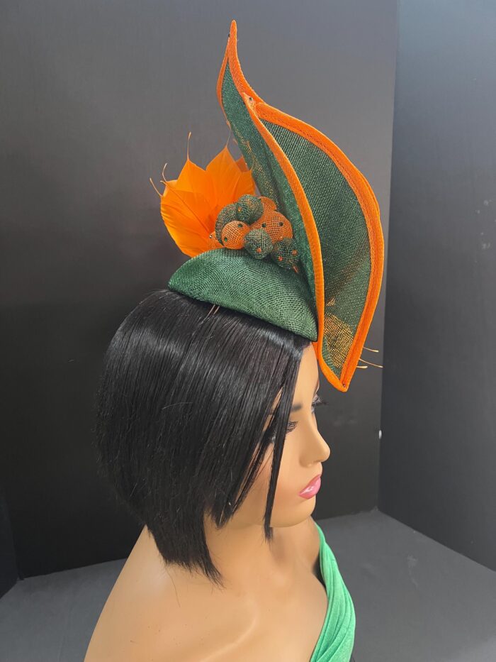 il_fullxfull.6273508395_eg57 Green & Orange Sinamay Fascinator: Swarovski Crystal Ascot Hat - Tracie