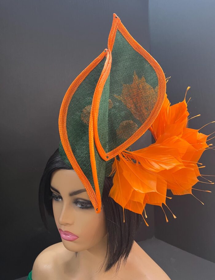il_fullxfull.6273521875_n4mk Green & Orange Sinamay Fascinator: Swarovski Crystal Ascot Hat - Tracie