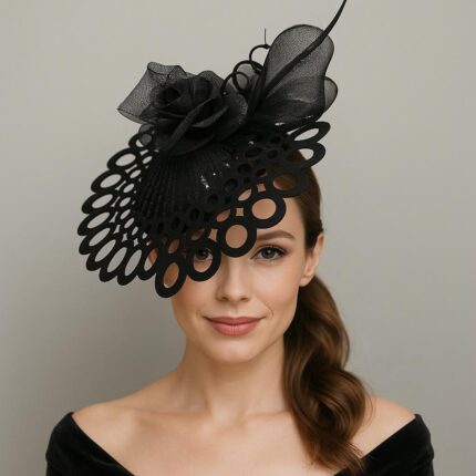 Vondee - Black Couture Hatinator. Laser-Cut Acrylic Brim, Crinoline Bow.