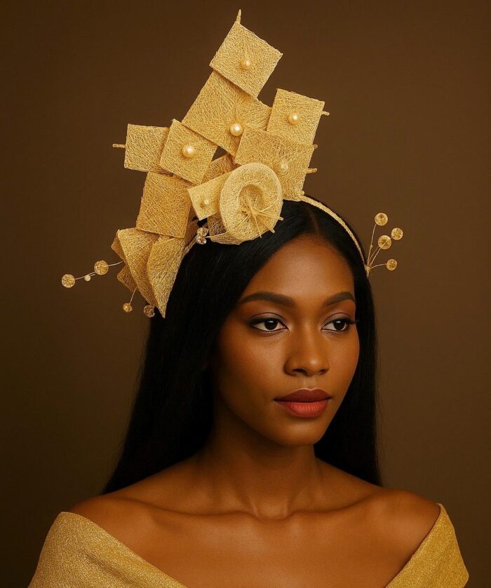 Ariyike - Gold Fascinator with Pearls & Crystal Sprays. Handmade Church Wedding Headpiece.