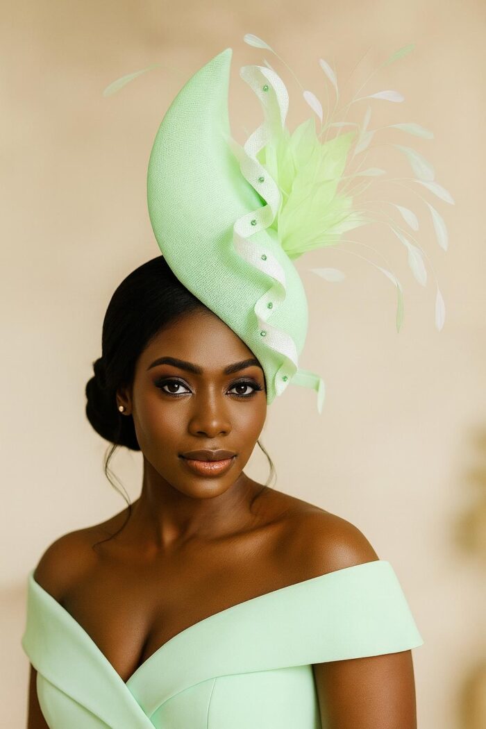 Adinkra Flame Mint. Green Feather Fascinator. Pearl & Crystal Derby Hat
