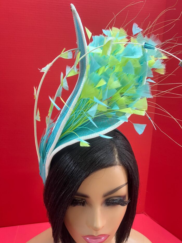 Claudia - Aqua & Lemon Couture Fascinator.  Sinamay Hat with Feather Spray.