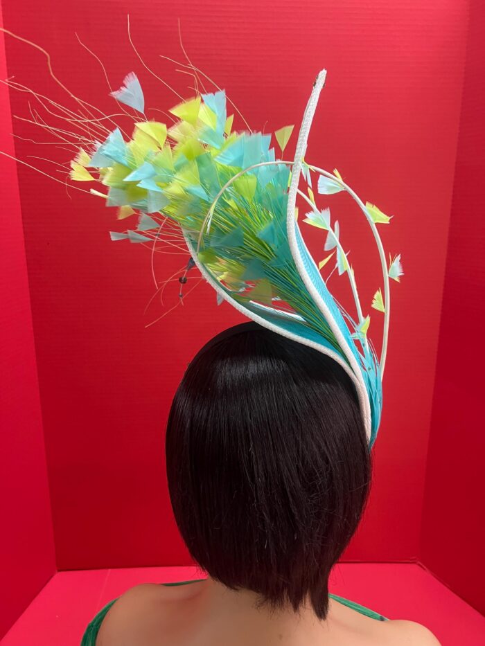 Claudia - Aqua & Lemon Couture Fascinator.  Sinamay Hat with Feather Spray.