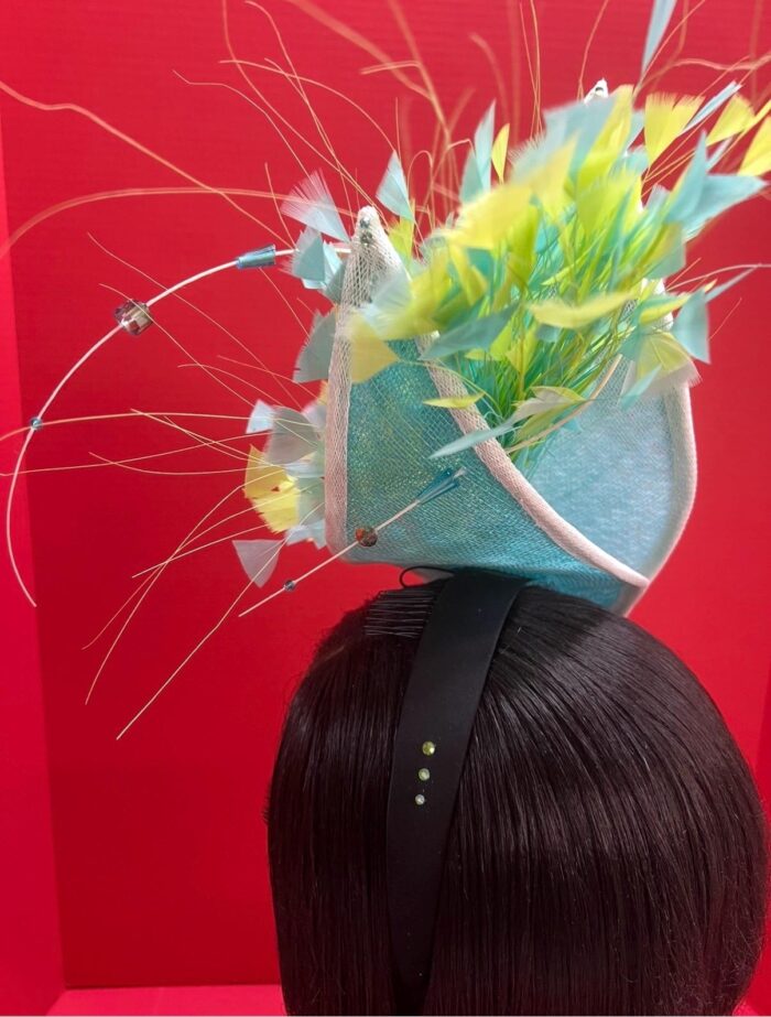 Claudia - Aqua & Lemon Couture Fascinator.  Sinamay Hat with Feather Spray.