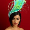 Claudia - Aqua & Lemon Couture Fascinator.  Sinamay Hat with Feather Spray.