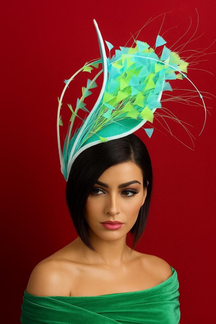 Claudia - Aqua & Lemon Couture Fascinator.  Sinamay Hat with Feather Spray.