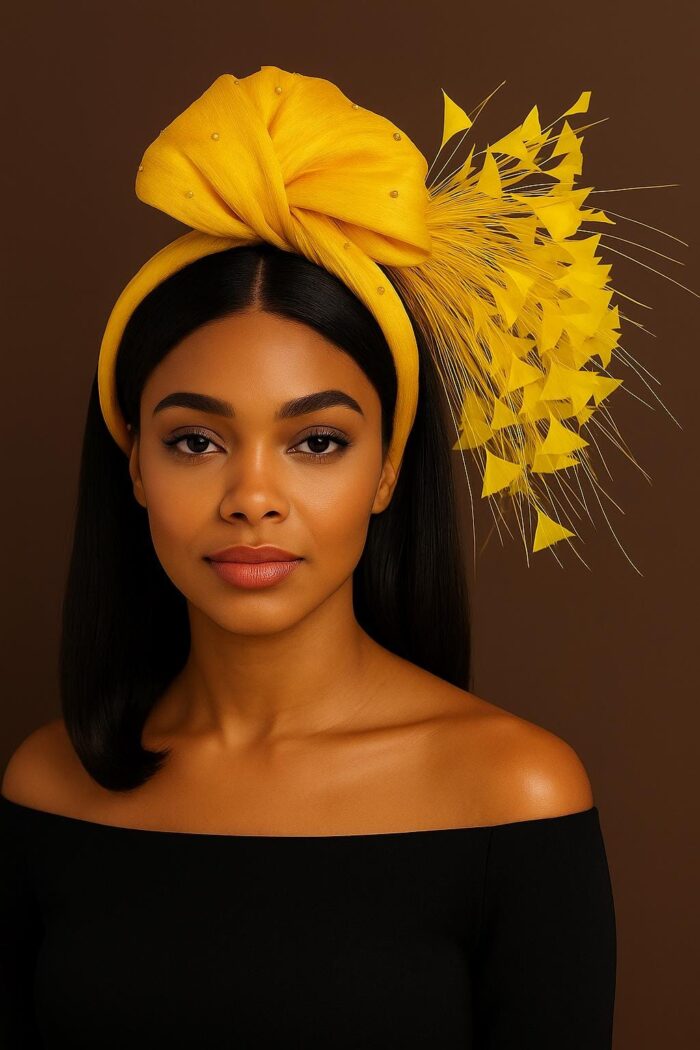 il_fullxfull.7085767106_hewu Yellow Feather Fascinator: Silk Abaca Knot Headband, Derby Hat - Zoranda yellow