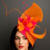 Tropique Fleur - Orange & Fuschia Feather Fascinator. Silk Abaca Wedding Headpiece.