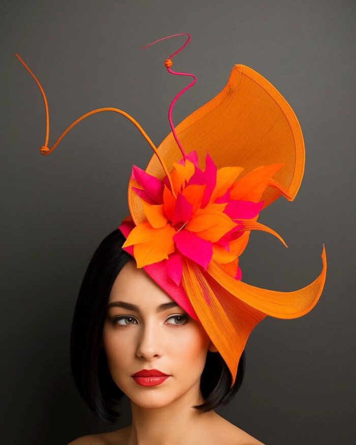 Tropique Fleur - Orange & Fuschia Feather Fascinator. Silk Abaca Wedding Headpiece.