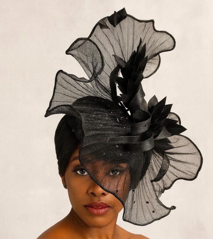 Midnight Whisper Black Crinoline Fascinator: Lace & Swarovski Crystal Couture Headpiece
