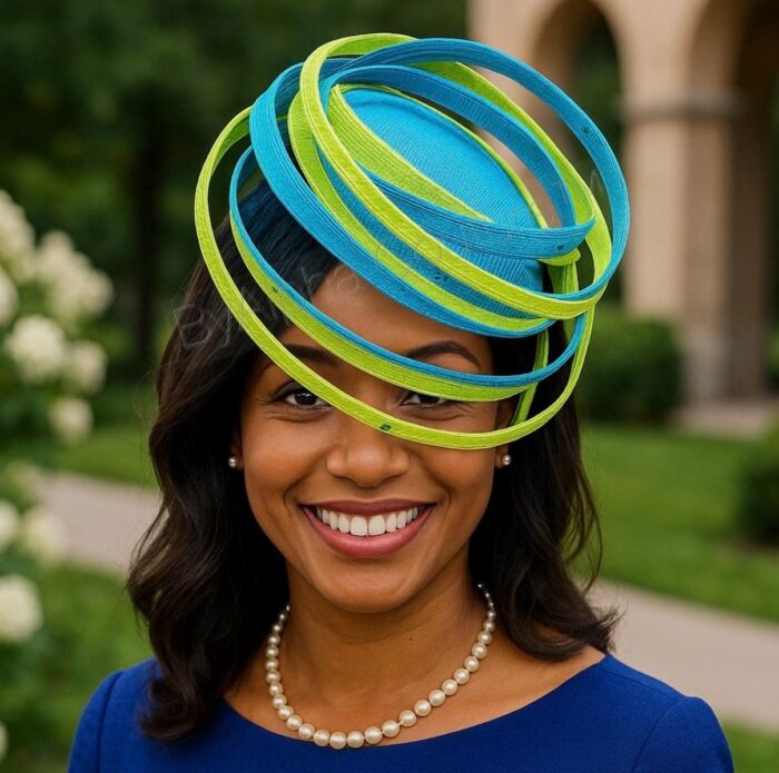 il_fullxfull.7087635322_gsbv Akoele Blue Sinamay Fascinator Hat: Lemon Green Swirl Derby, Cocktail, Tea Party