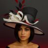 The Sovereign - Couture Double Crown Hat: Black, White Sinamay, Crystal & Feather Accents.